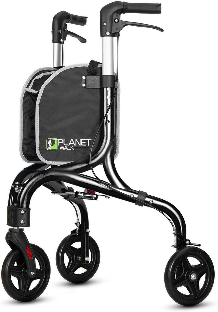 PLANETWALK Premium 3 Wheel Rollator Walker for Seniors Ultra Lightweight Foldable Aluminum Mobility Aid with Height Adjustable Handle and 8 Inch Wheels, Black