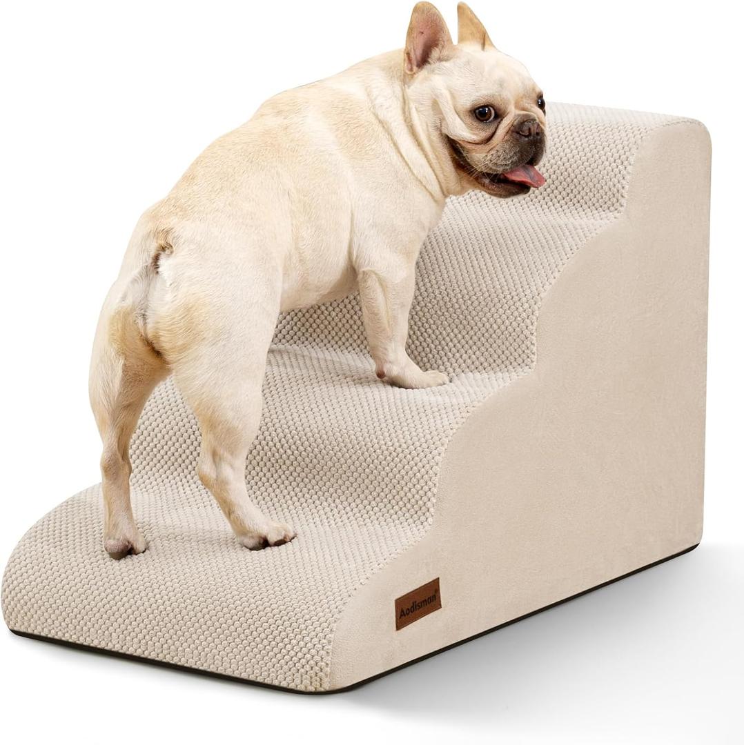 Aodisman Dog Stairs Ramp for Bed and Couch,4 Step Dog Steps for Small Dogs,Pet Stairs with Non-Slip Bottom for Old Cats,Indoor Pet Steps,Comfort,Durable,17.4" H,Beige