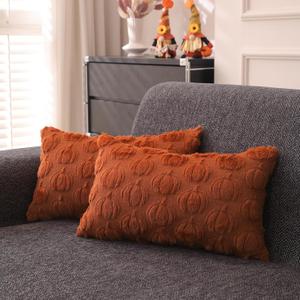 Fall Pillow Covers 12x20 inch Set of 2 for Fall Decorations Autumn Rust Pumpkin Soft Plush Faux Fur Wool Throw Pillow Cushion Covers for Sofa Living Room Couch Bed Home Decor