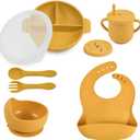 Silicone Baby Feeding Set - Perfect silicone plates for baby & Toddler Plates with lid, Baby Bowls with Suction, Baby Utensils - Baby Led Weaning Supplies & Eating Essential - (Yellow)