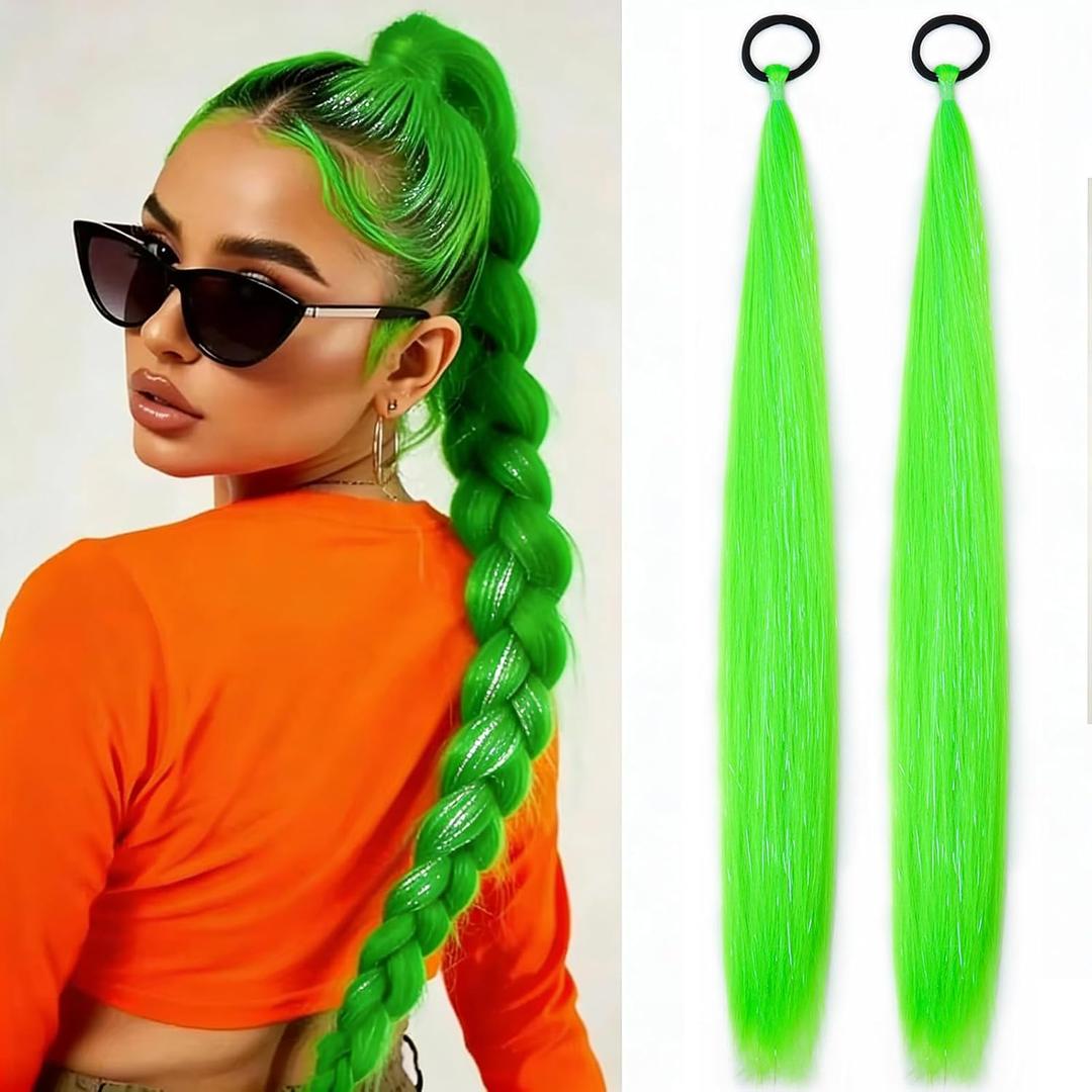 2 Packs Colored Hair Extensions for Kids Girls Women 26 Inch, Neon Green Ponytail Extensions Mixed Tinsel with Elastic Tie, Synthetic Straight Braid Ponytail for Party Festival Crazy Hair Day