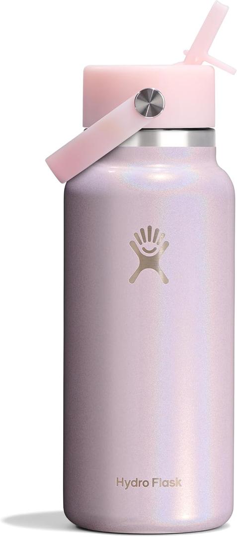 Hydro Flask Water Bottle - Insulated Stainless Steel - Wide Mouth Flex Straw Lid, Non-Spill, Leakproof and Refillable in 32 Oz Glimmer Pink
