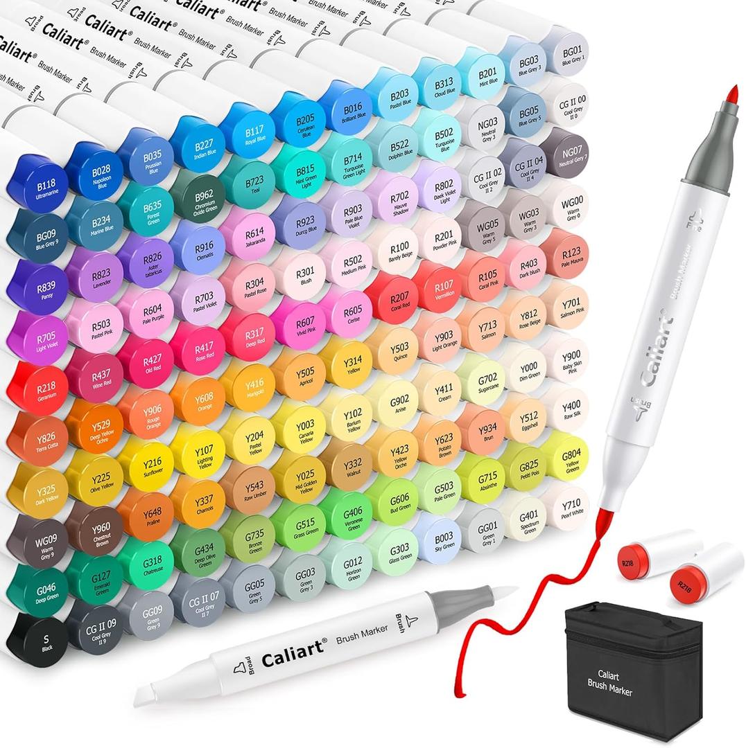 Caliart Alcohol Markers Brush Tip - 121 Colors Dual Tip Artists Coloring Markers Set Brush & Fine, with Case Permanent Alcohol Based Colored Sketch Pens, Art Supplies Gifts for Adults Drawing