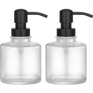 2-Pack Clear Glass Soap Dispensers with Matte Black Stainless Steel Pumps, 12 oz Refillable Bottles for Kitchen & Bathroom (12oz-Black Pump)