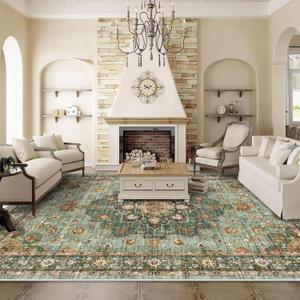 Washable Oriental Area Rug - 9x12 Rugs for Living Room Soft Carpet for Bedroom Waterproof Floral Distressed Indoor Stain Resistant Non-Shedding Floor Carpets (Green, 9x12) (9' x 12')