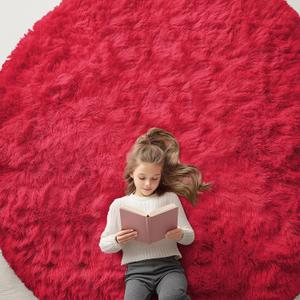 OLANLY Red Round Rugs for Bedroom - Machine Washable, 8 ft Circle Area Rugs for Living Room, Soft and Fluffy Shaggy Carpet for Teen Girls and Boys, Nursery Rooms, Dorms, Home Decor Aesthetic
