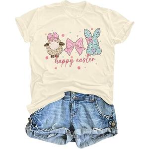 Easter Shirts for Women Happy Easter Tshirt Cute Bunny Rabbit Bow Graphic Tee Casual Short Sleeve Easter Gift Tops B-Apricot, Large