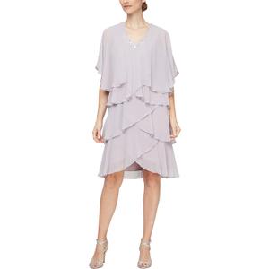 S.L. Fashions Women's Chiffon Tier Jacket Dress with Beaded Neck and Cuffs (Pinkm 14)