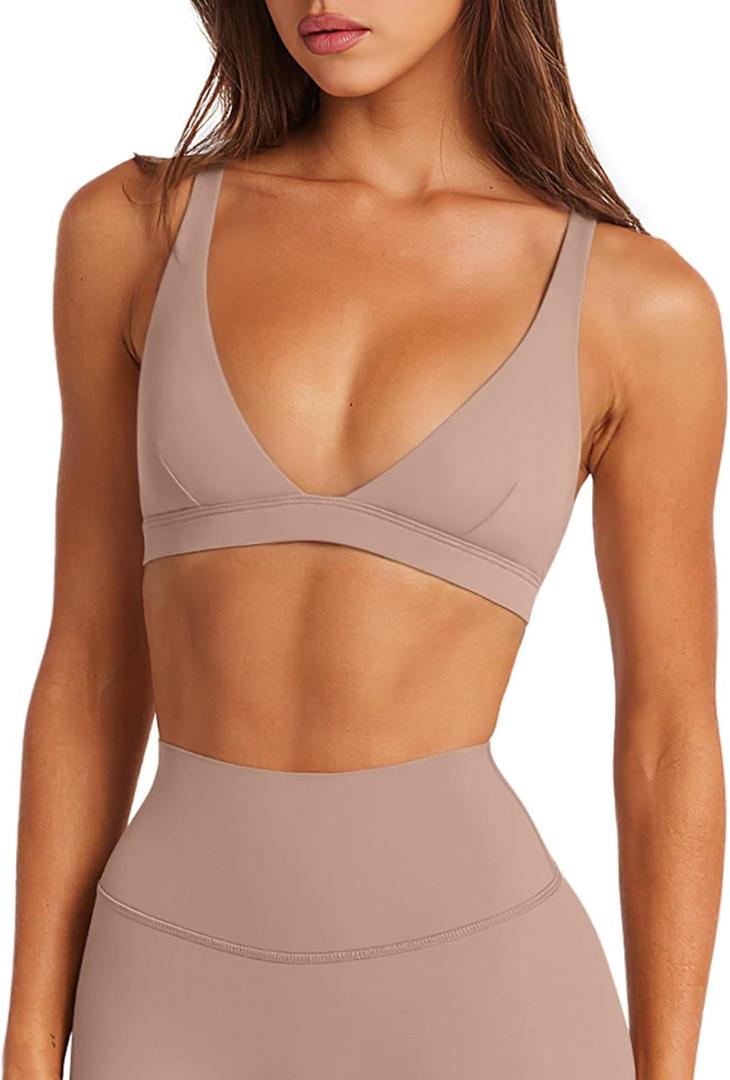 LASLULU Womens Deep V-Neck Sports Bra Padded Wireless U Back Workout Bra Low Impact Gym Workout Yoga Crop Tops (X-Large, Sienna)