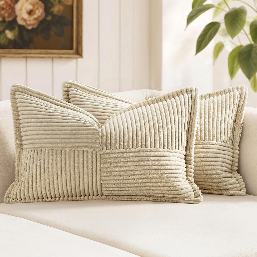 MIULEE Decorative Lumbar Throw Pillow Covers for Couch Bed Livingroom 12x20 Inch Set of 2 Cream Boho Accent Throw Pillows Broadside Striped Patchwork Soft Corduroy Pillowcases
