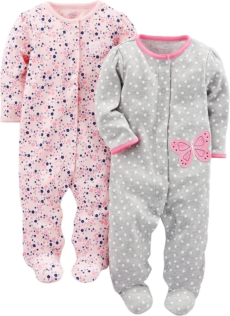 Simple Joys by Carter's Baby Girls' 2-Pack Cotton Snap Footed Sleep and Play (0-3 Months, Grey Butterfly/Pink Floral)