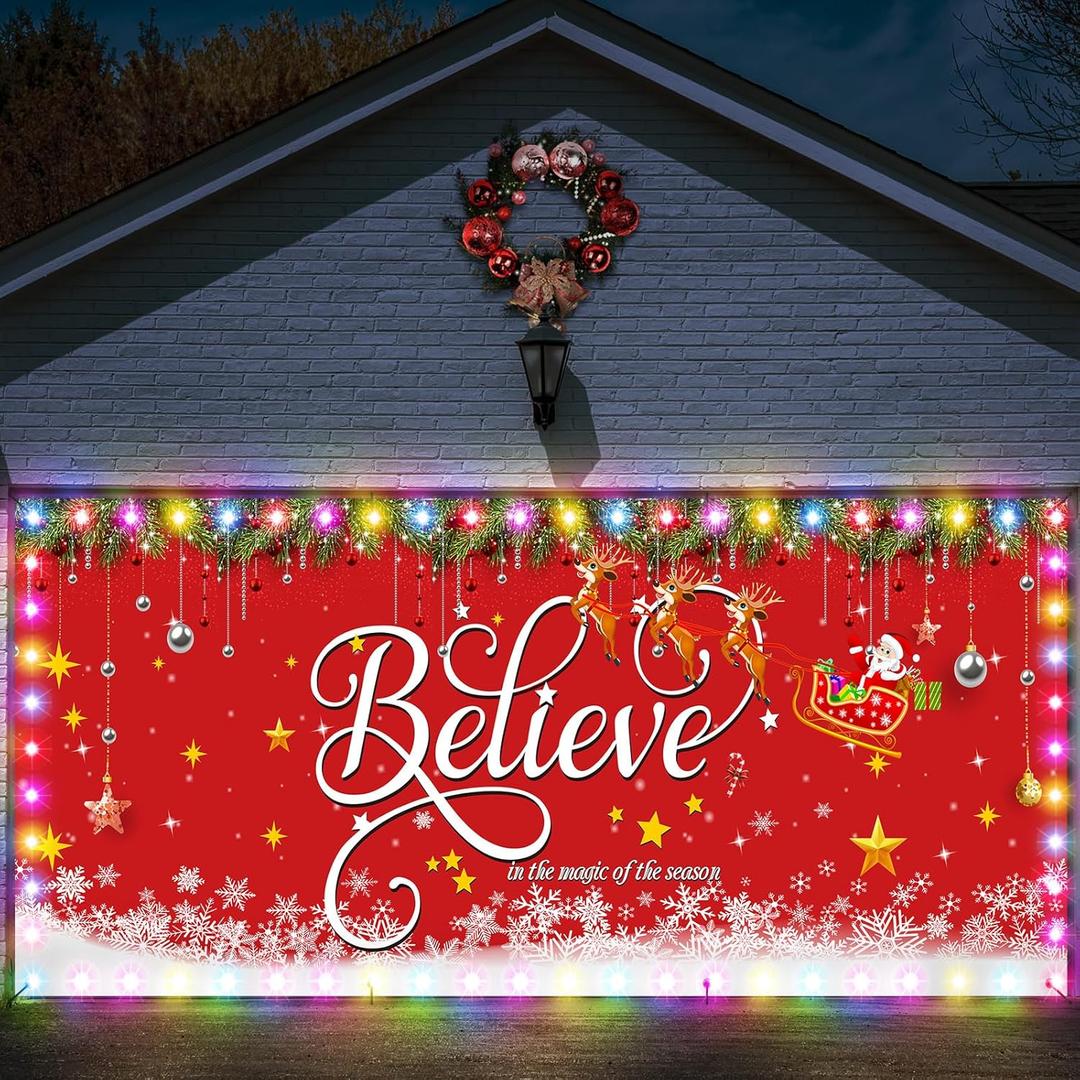 Ganeen 6.4x16 ft LED 2025 Christmas Garage Door Banner String Light Large Rustic Xmas Garage Door Decorations Xmas Banner Cover Backdrop Holiday Cover Decoration(Believe)