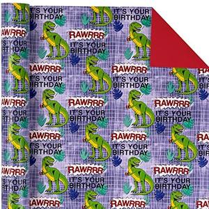 WRAPAHOLIC Reversible Wrapping Paper - Mini Roll - 17 Inch x 33 Feet - Unique Dinosaur and Solid Red Design for Kid's Birthday, Party, Baby Shower, Set of 2