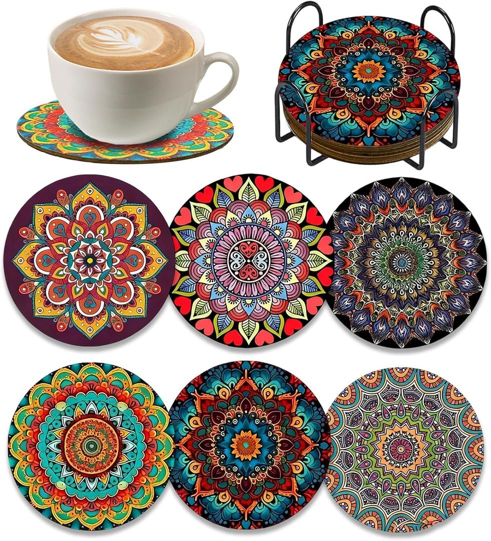 Set of 6 Wood Coasters with Holder,Mandala Diamond Art Wooden Coasters for Table Protection Absorbent Drink Cup Cork Base Farmhouse Housewarming Gifts,Heat-Resistant