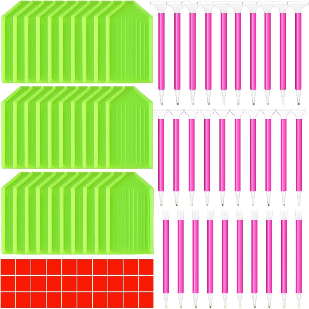 Affrolling 90 Pcs 5d Diamond Art Painting Tools and Accessories Kits Include Drill Pens with 3 Drill Sizes, Plastic Diamond Trays, Glue Clay, Rhinestone Art Painting DIY Accessories(Red,Green)