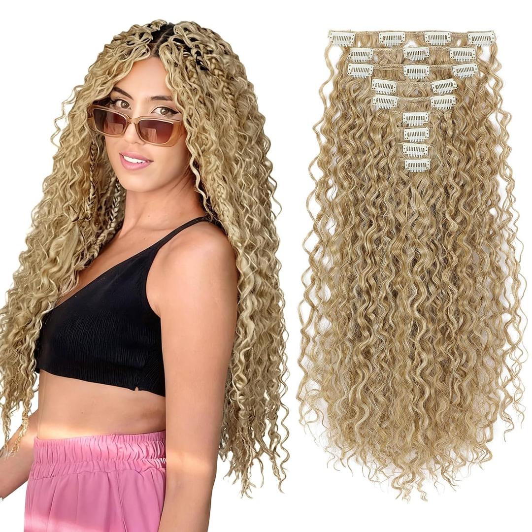LONAI Hair Extension,9PCS Brown 22" Curly Clip in Hair Extensions LN002 Long Soft Thick Synthetic Hairpieces for Women-Golden Blonde with Highlight
