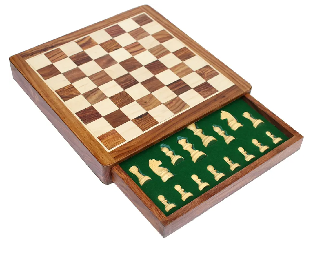 Limited Stock - Chess Set 12x12 Magnetic Chess Set Standard Board Game with Chessmen Storage Drawer Handmade in Fine Wood - Non-Folding
