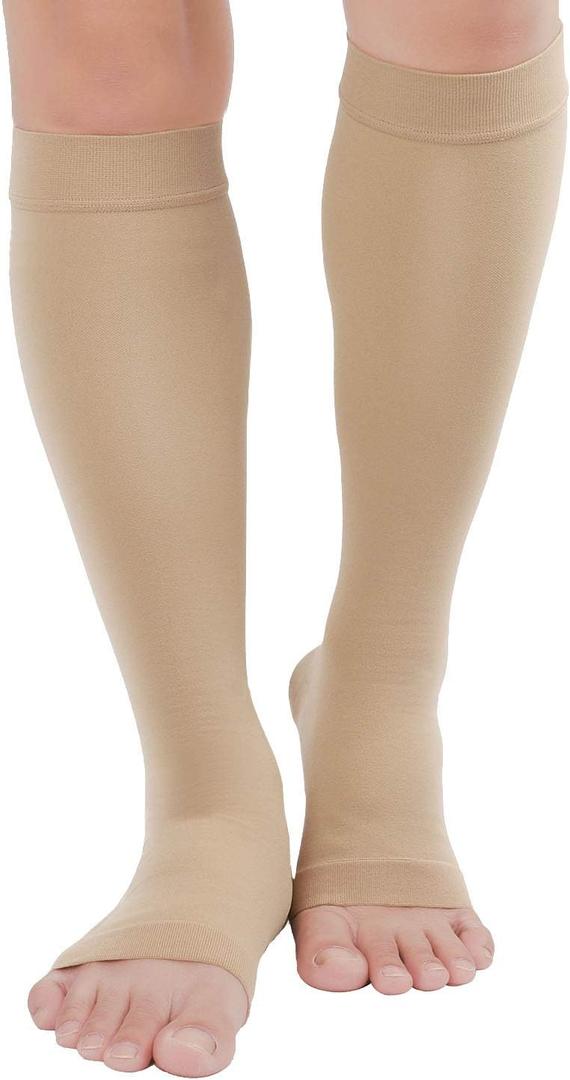 TOFLY Compression Stockings (Pair), Grade Firm Support 20-30mmHg, Opaque, Unisex, Open Toe Knee High Compression Socks for Varicose Veins, Edema, Shin Splints, Nursing, Travel, Beige M