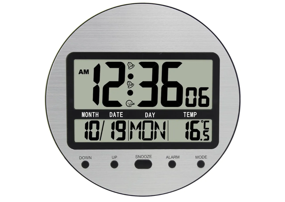 Digital Wall Clock Battery Operated, Large Display with Temperature, Date, Day of The Week, Seconds, Round Wall Mount Digital Clock - Aluminum Metal Dial