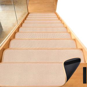15PCS Peel and Stick Adhesive Stair Treads for Wooden Steps with Self-Adhesive Velcro Jute Stair Treads Rubber Backed Non Slip Jute Stair Rug Step Pad for Pet Dog 8"x30" Beige