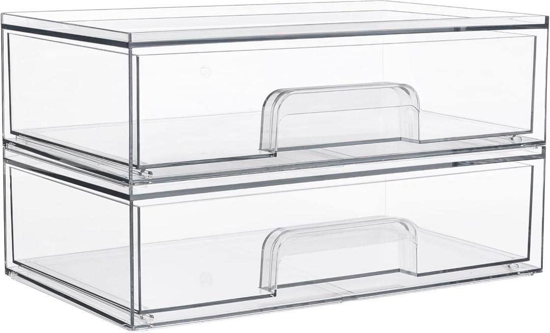 Vtopmart 12.1''W Clear Stackable Storage Drawers, 2 Pack Acrylic Plastic Organizers Bins for Makeup Palettes, Cosmetics, and Beauty Supplies, Ideal for Vanity, Bathroom, Cabinet, Desk Organization
