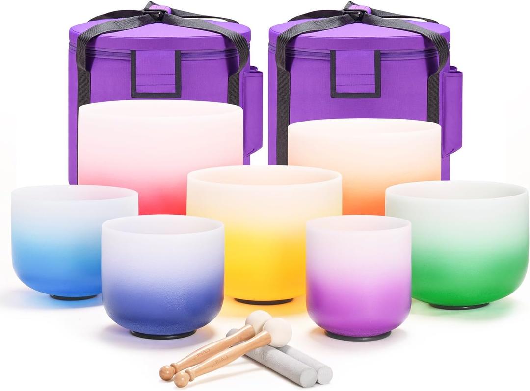 CVNC 432HZ 6-12 Inch Set of 7 PCS Aria Gradient Design Frosted Quartz Crystal Singing Bowls with 2 PCS Carry Case Bag for Sound Healing and Therapy Meditation CVNC 432HZ 6-12 Inch Set of 7 PCS Aria Gradient Design Frosted Quartz Crystal Singing Bowls with 2 PCS Carry Case Bag for Sound Healing and Therapy Meditation