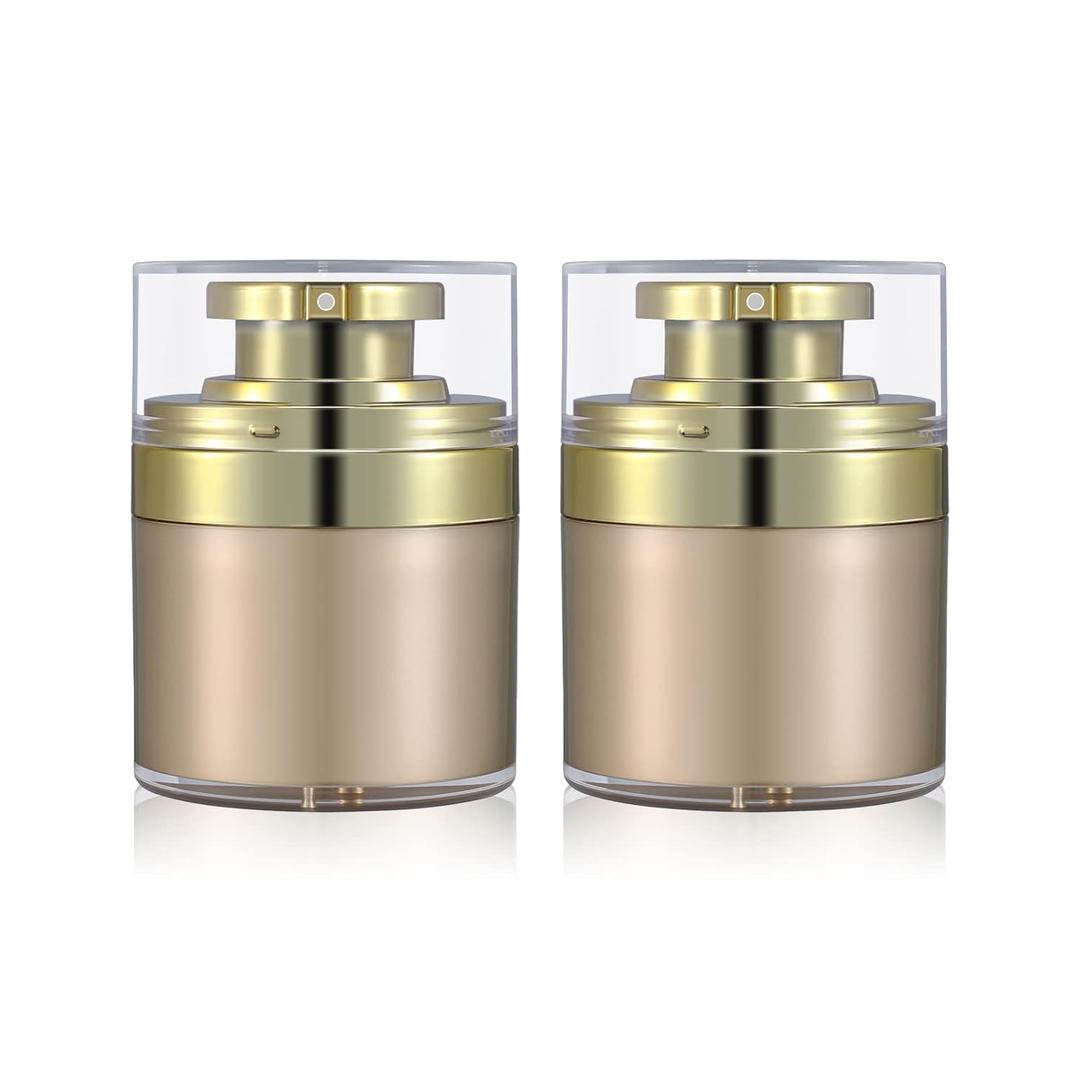 2-pcs 1.7oz Airless Pump Jar, Refillable Cream Jar Vacuum Bottle Travel Size Empty Container for Cream and Lotion (1.7 oz-Gold)
