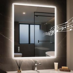 STARLEAD 20"x28" LED-Bathroom-Mirror-with-Lights, Wall-Mounted with Bluetooth Speaker, Anti-Fog, 3 Color Temperature, Dimmable Brightness, Waterproof, Tempered Glass, Frontlit & Backlit (Silver-rectangular)