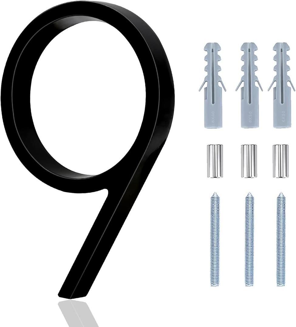 House Numbers For Outside - 5 Inch Modern Floating Address Numbers For Houses Rust Proof Zinc Alloy Easy To Install, High Gloss Black Number 9