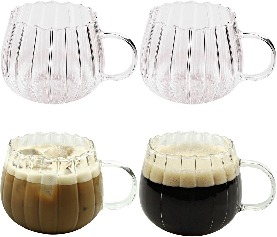 Thanksgiving Christmas Pumpkin Mugs 14 oz Glass Coffee Mugs Set of 4, Drinking Glasses with Transparent Handle, Clear Glass Cups for Hot or Cold Drinks like Cappuccino, Latte, Cocoa, Milk, Tea