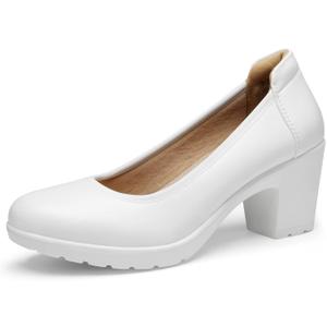 DREAM PAIRS Women's Chunky Closed Toe Low Block Heels Work Pumps Comfortable Round Toe Dress Wedding Shoes (9, White)
