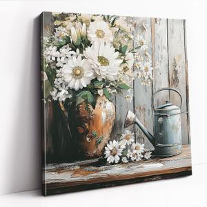 DRLWGTY Framed Farmhouse Rustic Daisy Wall Art, 24x24 Country Floral Watering Can Village Style Wall Picture with Gold Glitter Texture Details for Living Room Garden Kitchen Ready to Hang