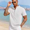 COOFANDY Men's Casual Henley Shirt Short Sleeve Summer Beach Band Collar Shirt Hippie Henley T-Shirts with Pocket (L)