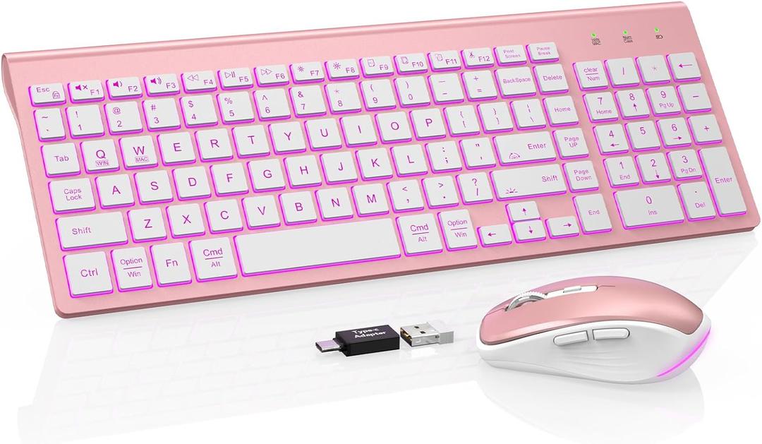 SABLUTE Wireless Keyboard and Mouse Combo Backlit  Compact Quiet Keyboard with RGB Mouse, Rechargeable, Slim, Sleep Mode, Portable Cordless Keyboard Mouse Set for Mac, Windows, Laptop, PC (Rose Gold)