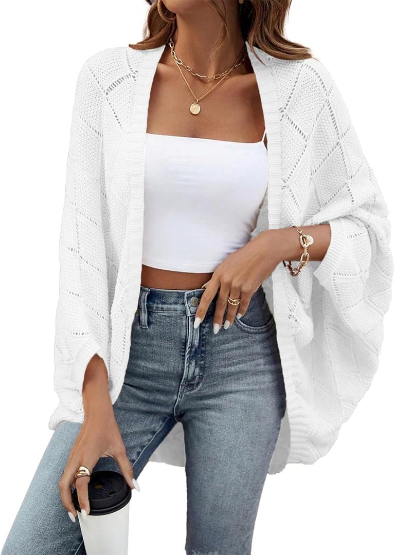 Sidefeel Women's Crochet Oversized Cardigan Sweaters Boho Long Batwing Sleeve Knit Open Front Shrugs Lightweight Sweater (Large, White)