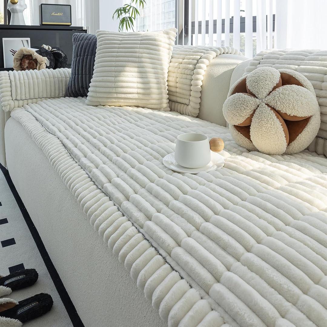 Sofa Couch Cover, Sofa Covers for Dogs Washable, Non-Slip Striped Sofa Slipcovers for Sectional Sofa, Sofa Cover Furniture Protector for L Shaped(Beige White, 27.6"x 70.9")