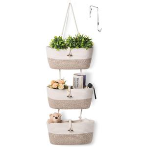 Over the Door Basket Cotton Rope Organizer, 3-Tier Wall Hanging Storage Basket, Closet Organizing, Decorative Baskets for Organizing Living Room 14.5x7 (Apricot)