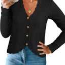 Womens Cardigan Sweaters Trendy Cropped Button Up Long Sleeve V Neck Loose Boho Casual Knit Tops Fall Outfits (Black)