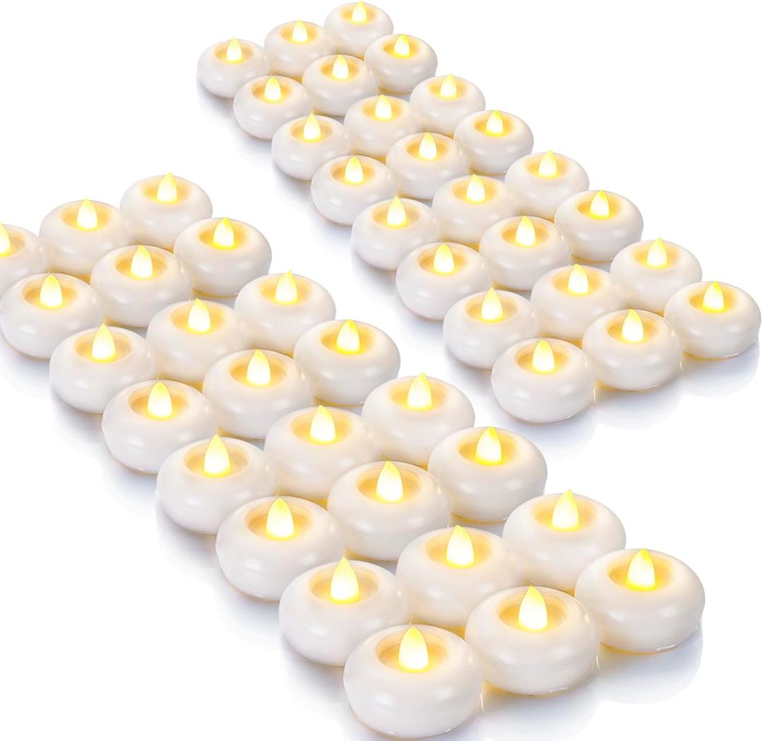 Homemory 48Pack 2 Flameless Led Floating Candles, 200 Hour Plastic Battery Operated Flickering Waterproof Tealights for Cylinder Vases, Centerpieces at Wedding, Party, Pool, Holiday (White Base)