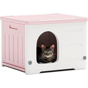 Plastic Cat House for Outdoor Indoor Use, Stackable Feral Cat Shelter Indoor Cat House Weatherproof Waterproof Elevated (Pink)