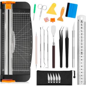 Famomatk 23PCS Weeding Tools for Vinyl, Craft Weeding Tools Set with 12Inch Paper Cutter and Trimmer for Scrapbooking,Silhouettes,Cameos,Lettering,Cutting,Craft Paper, Labels and Cardstock(Black)