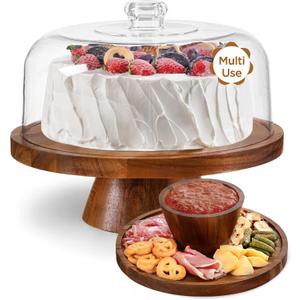 HBlife Cake Stand with Glass Lid (11.4"), Multifunctional Cake Stand with Dome, Acacia Wood 6-in-1 Cake Plate Display Stand with Cover for Baking Gifts, Birthday Kitchen Parties, Weddings