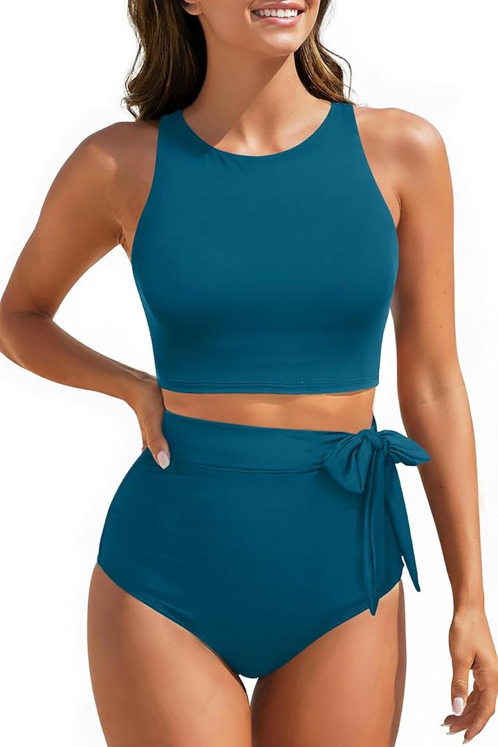 Aqua Eve Women High Waisted Bikini Set Racerback Swimsuit Two Piece Bathing Suit High Neck Swimwear (Blue, M)