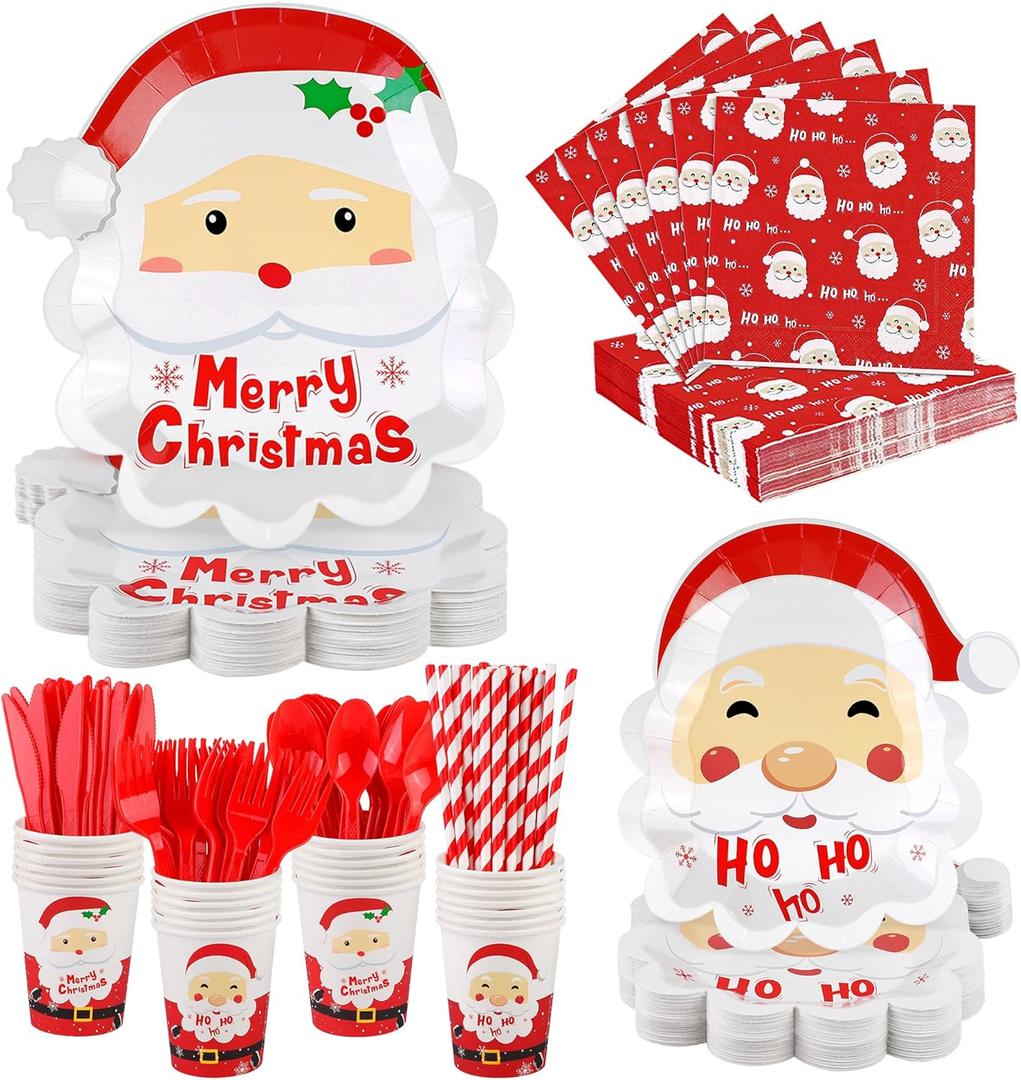 durony 200 Pieces Christmas Santa Party Supplies Tableware Set Include Disposable Paper Plates Cups Napkins Cutlery Straws with Merry Christmas HO HO HO Santa for 25 Guests Dinnerware Holiday