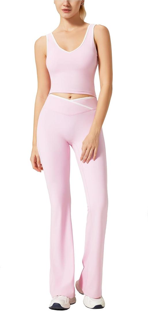 RXRXCOCO Women's Workout Sets 2 Piece Flare Leggings Butt Lifting Crop Tank Top Matching Set Colorblock Gym Yoga Outfits (Pink, S)