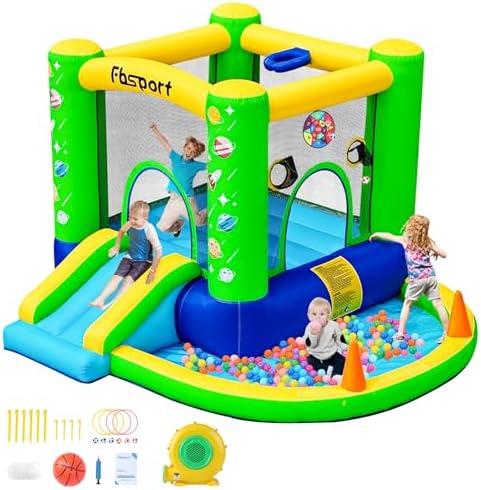 FBSPORT Inflatable Bounce House, Kids Bounce Castle Slide for Indoor Outdoor,Toddler Baby Jumper Bouncer, Kids Jumping Bouncy House with Blower, Ball Pit Pool, Basketball Hoop, Dart Game, Green