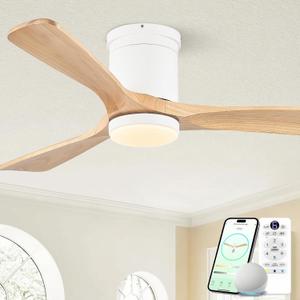 52 Inch Flush Mount Ceiling Fans with Lights, Low Profile Smart Ceiling Fan, Alexa & Remote Control, High CFM Reversible BLDC, White Natural Wood 3 Blade Indoor Outdoor Ceiling Fans for Bedroom Patios