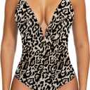SHAPERIN Women's Deep V Neck Cami Bodysuit Plunge Double Layer Tummy Control Shapewear Thong Body Suits (Small,Leopard)