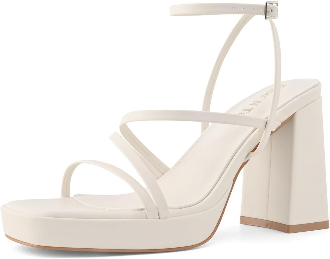 Shoe'N Tale Platform Heels for Women Strappy Block Chunky Heels Square Toe Ankle Buckle Sandals (7.5, Beige Ivory)