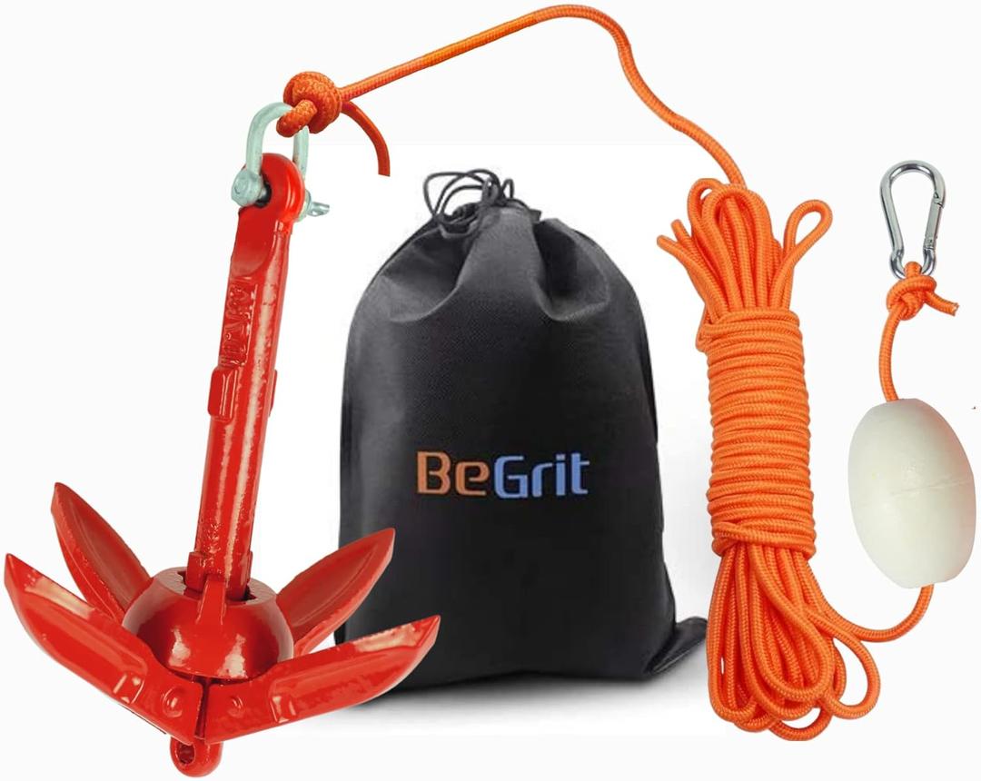 BeGrit Kayak Anchor Small Boat Anchor Folding Marine Anchor for Fishing,Kayak,Paddle Board,Canoe,Jet Ski, with 32.8 ft Anchor Tow Rope Carrying Bag (1.5lb red)